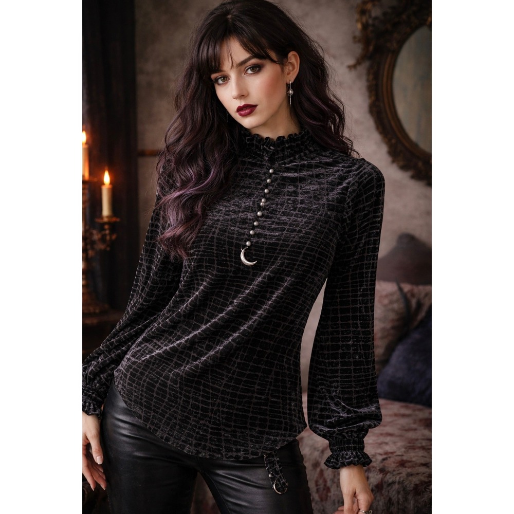 WHBM Velvet Burnout Blouse XL Black Crocodile Pattern Mock Neck Stretch Goth